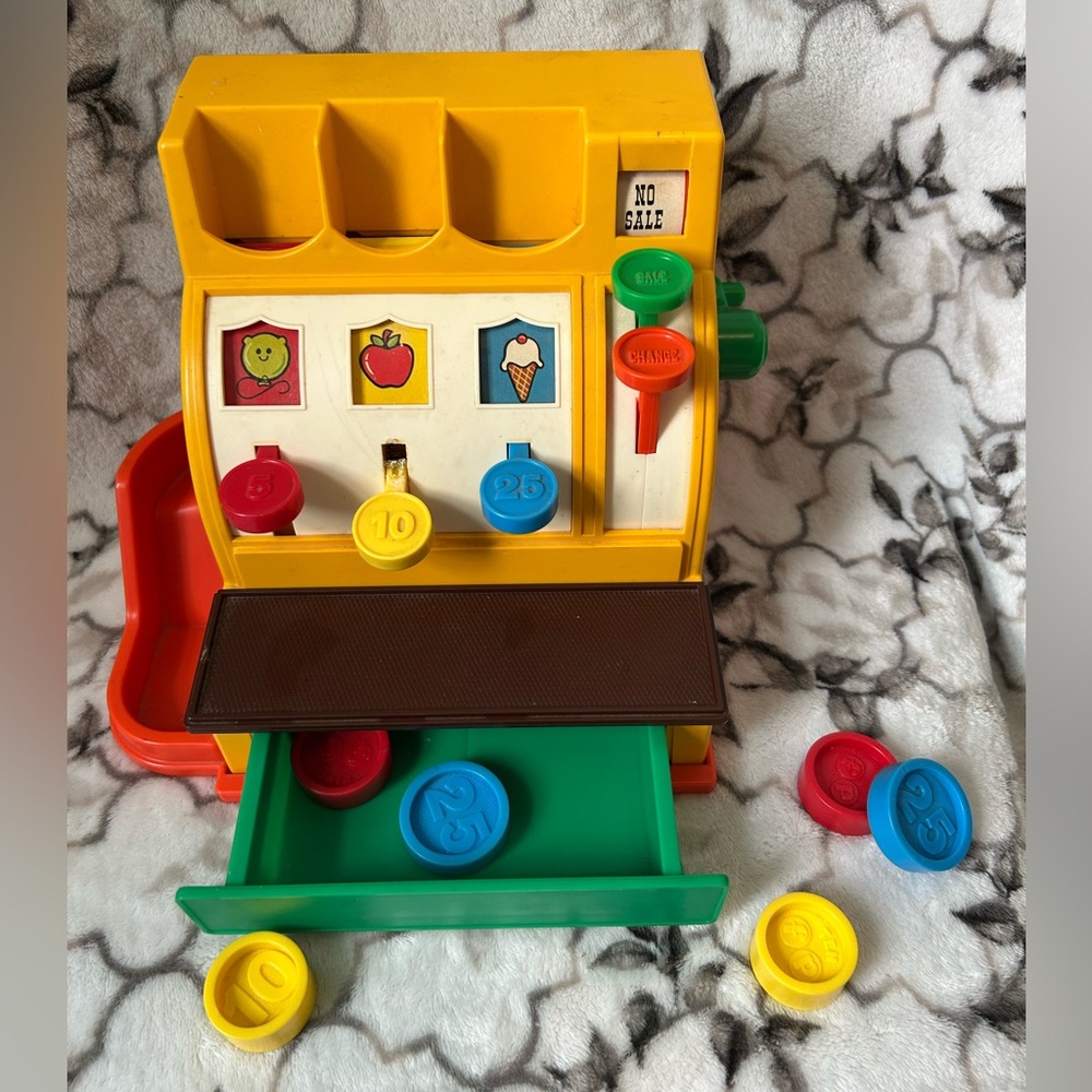 Fisher Price 926 Cash Register all 6 coins vintage 1974 (bad yellow key)